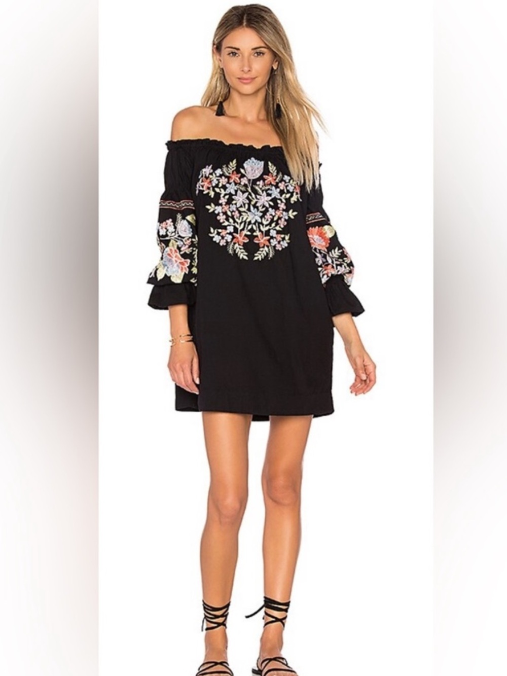 Free People Fleur De Jour Off -Shoulder Black Embroidered Mini Dress